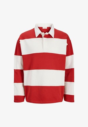 Hosszú ujjú rögbi ing széles, vízszintes piros és fehér csíkokkal, fehér gallérral, elöl részben nyitott gombsorral.