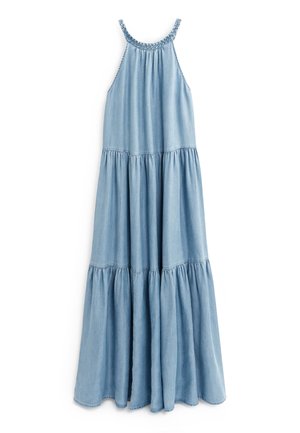 Light blue sleeveless maxi dress with braided neckline and tiered gathered skirt made of soft denim fabric.