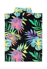 Serviette à capuche noire avec imprimé floral tropical vibrant en rose pastel, jaune, vert, bleu et violet.