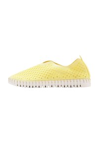 Yellow slip-on shoe with a perforated upper, white sole, textured pattern, and minimalistic design. Ideal for casual wear.
