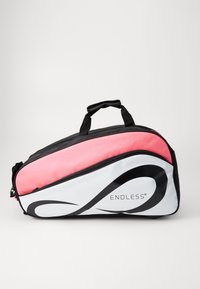 Sport bag with a pink top, white lower section featuring a black swirl design. Black zippers and straps; sleek, curved shape.