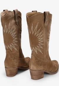 Botas de vaquero de ante marrón con punta afilada, que presentan bordados en zigzag blancos y un tacón apilado. Diseño de tobillo alto con asas.