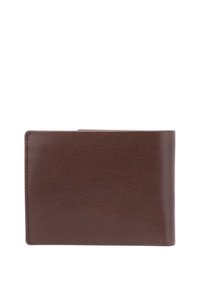 Brown leather wallet with a smooth texture, bi-fold design, and stitched edges. Features a simple, minimalist silhouette without hardware.