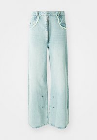 Light blue denim jeans with a high waist, wide legs, frayed edges, and a zip fly closure. Features snap buttons on the lower leg.