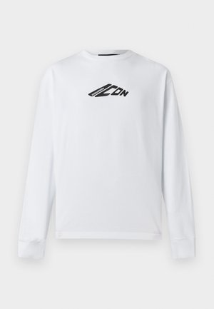 White long-sleeve sweatshirt made of cotton, featuring a black logo design on the front and ribbed cuffs. Classic crew neckline.