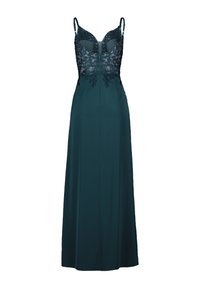 Teal Abendkleid mit einem taillierten Spitzenoberteil und verstellbaren Trägern, fließendem Rock und filigranen floralen Spitzenverzierungen an der Taille.