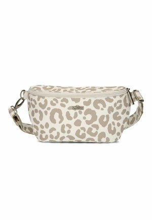 Marsupio beige e bianco con stampa leopardata, chiusura con cerniera e tracolla regolabile con fibbia metallica e logo del marchio sul davanti.