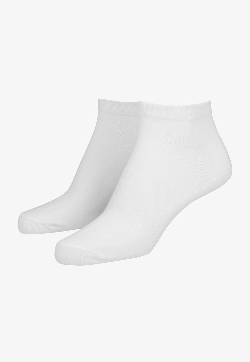 Fehér bokaszarú zoknik ribbed mandzsettával, puha textúrával és varrat nélküli lábujjrésszel. Kényelmes és tartós kevert pamutból készült.