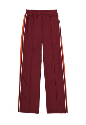 Bordeaux sportbroek met een elastische tailleband, voorzien van zijstrepen in wit en oranje. Glad materiaal, recht model en twee zakken.