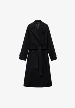 Black, long trench coat with a double-breasted design, wide lapels, and a belted waist. Features button accents and long sleeves.