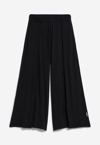 Pantalons larges noirs en tissu doux, avec une taille élastique et une texture lisse, sans motifs ni embellissements.
