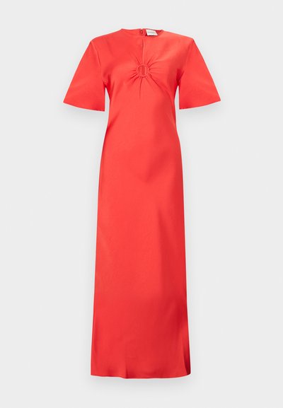 Κόκκινο midi φόρεμα με κοντά μανίκια και στρογγυλή λαιμόκοψη, με λεπτομέρεια σούρας σε δαχτυλίδι στο κέντρο μπροστά και κλείσιμο με φερμουάρ στην πλάτη.