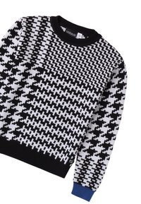 Maglione lavorato a maglia con un motivo a scacchi bianco e nero, caratterizzato da un colletto a girocollo rigato nero e un accento blu nei polsini.