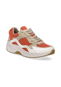 Sneakers featuring beige suede and coral mesh panels, a white synthetic overlay, and a thick rubber sole with a textured pattern.