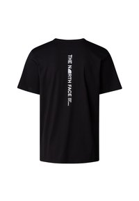 Sort bomulds t-shirt med korte ærmer. Har et vertikalt hvidt logo og tekstdesign på ryggen, rund hals og en afslappet pasform.