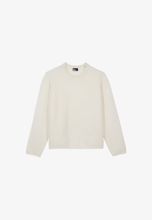 Pull crème en matériau tricoté doux, avec un col rond, des manches longues et un ourlet court, au design simple.