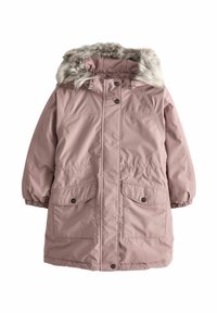 Rosa vadderad parkasjacka med pälskant på huvan, dragsko i midjan och två framfickor med knappstängning. Mjuk, slät textur.