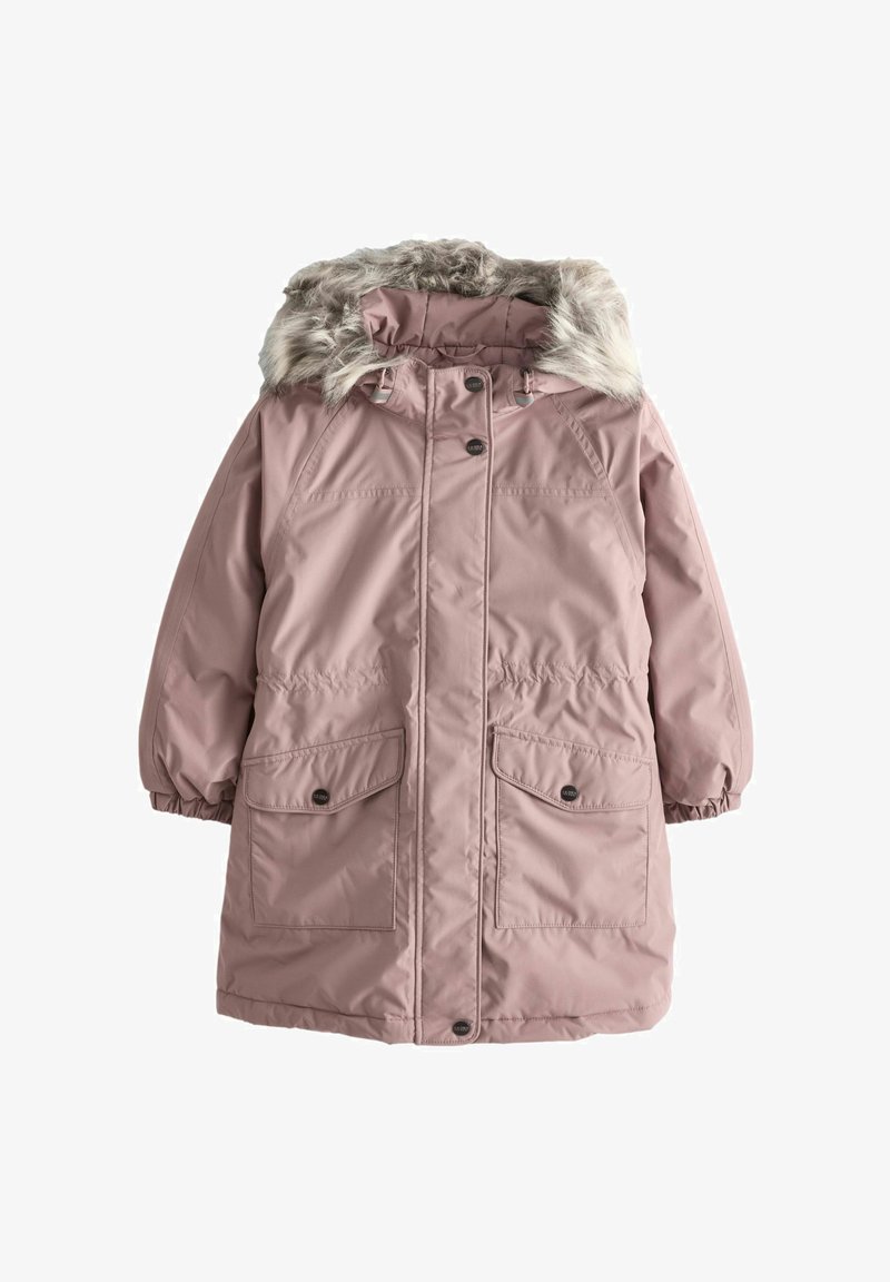 Parka rose rembourrée avec bordure en fausse fourrure sur la capuche, taille à cordon de serrage et deux poches avant avec fermetures à bouton. Texture douce et lisse.