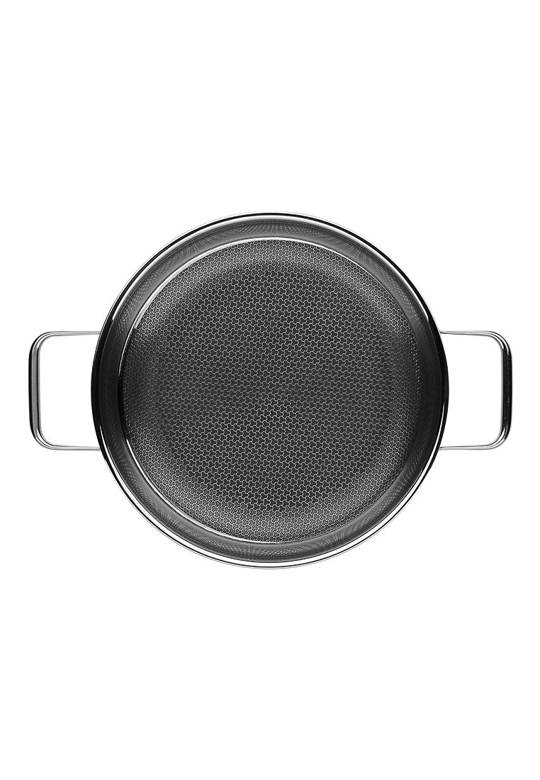 Edelstahl-Sieb mit rundem Design, feiner Maschenmitte und zwei seitlichen Griffen; zeichnet sich durch eine polierte Oberfläche und ein schlankes Design aus.