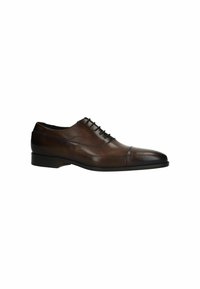 Chaussures habillées en cuir brun avec une finition brillante, un design à lacets, un bout pointu et un petit talon, présentant des détails de couture subtils.