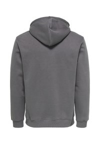 Sweat-shirt à capuche gris uni vu de dos avec manches longues et poignets et ourlet côtelés.