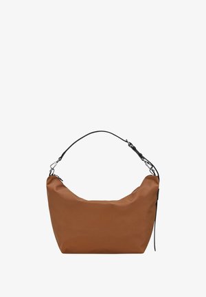 Brown fabric handbag with a curved shape, slim black shoulder strap, and silver hardware accents. Smooth texture with minimal detailing.