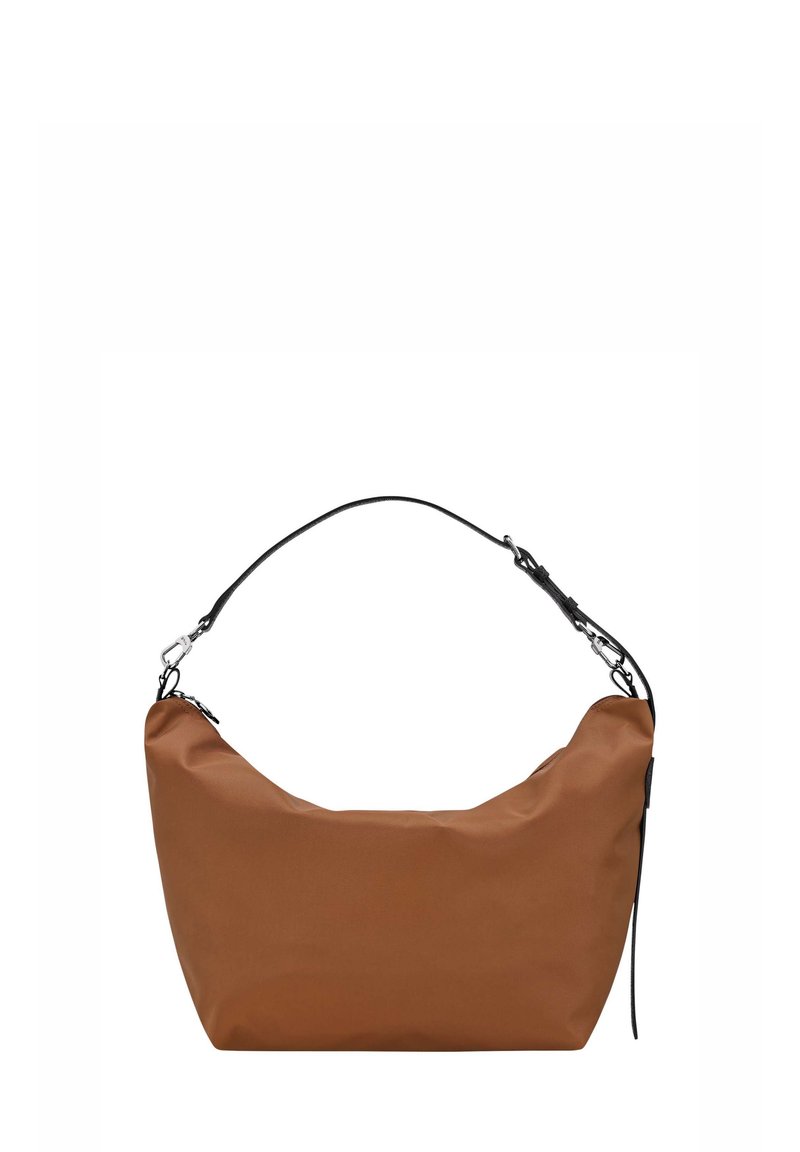 Brown fabric handbag with a curved shape, slim black shoulder strap, and silver hardware accents. Smooth texture with minimal detailing.