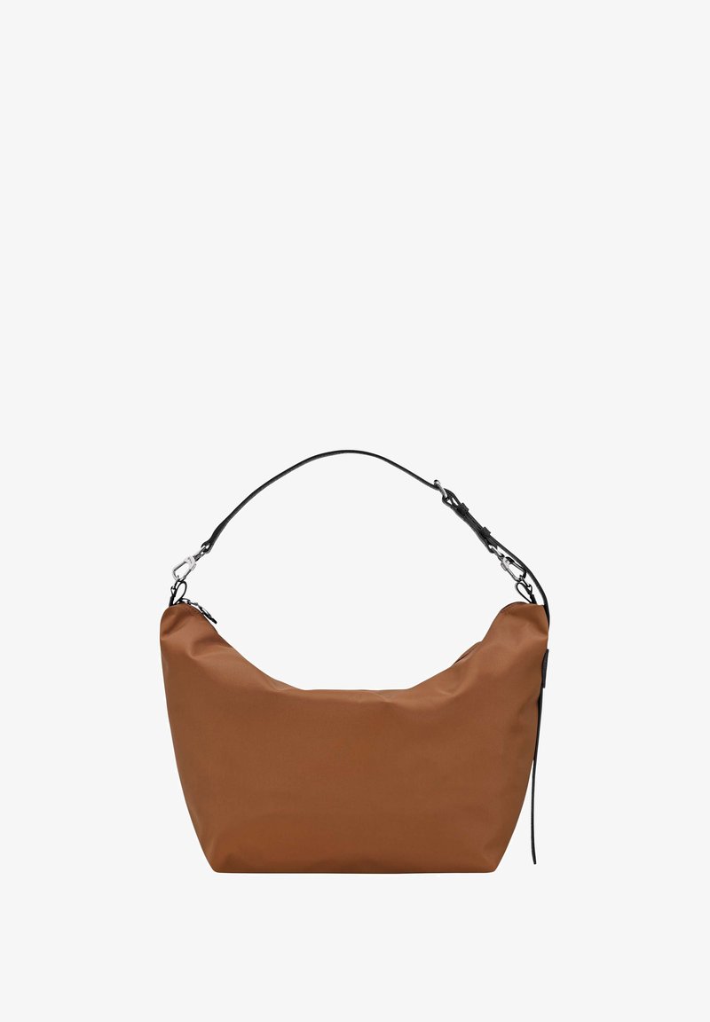 Brown fabric handbag with a curved shape, slim black shoulder strap, and silver hardware accents. Smooth texture with minimal detailing.