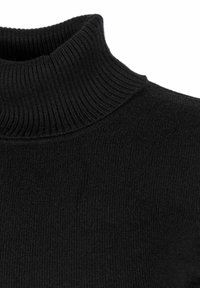 Schwarzer Rollkragenpullover mit geripptem Kragen und strukturiertem Strick. Der Stoff ist weich, mit einer glatten Oberfläche und einheitlicher schwarzer Farbe.