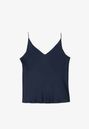 Top smanicato color blu navy con sottili spalline a spaghetti e scollo a V, tessuto liscio e design semplice.
