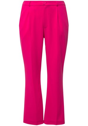 Pantalons droits fuchsia en tissu lisse, dotés d'un bouton à l'avant, de poches latérales et d'un pli sur le devant des jambes.