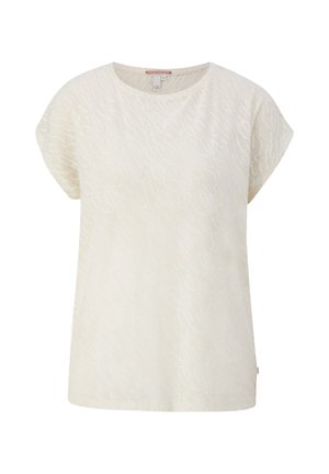 T-shirt à manches courtes de couleur crème avec un motif texturé et ondulé. Il dispose d'un col rond et d'une coupe ample pour plus de confort.
