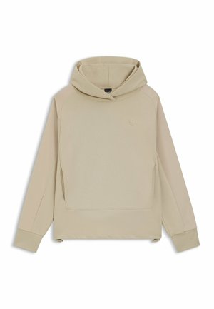 Beige hoodie with a hood and front pocket. Features ribbed cuffs and a smooth, matte texture. Small logo on the chest area.