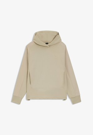 Beige hoodie met een capuchon en een voorzak. Kenmerkt zich door ribgebreide manchetten en een gladde, matte textuur. Kleine logo op de borst.