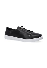 Schwarze Ledersneaker mit weißer Gummisohle, abgerundeter Zehenpartie, Schnürung vorne und minimalistischem Design. Kleines Akzentlogo an der Seite.