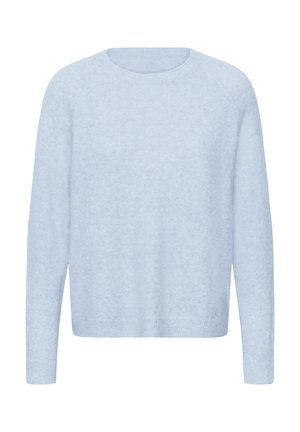 Suéter azul claro, de cuello redondo, de manga larga, ajuste relajado, textura suave y puños y bajo acanalados. Sin patrones ni acentos.