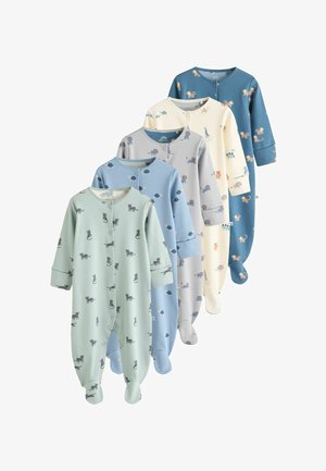 Cinque tutine per neonati in colori vari: verde menta, azzurro chiaro, giallo pallido, grigio chiaro e blu scuro. Presentano stampe di animali e chiusure a scatto.