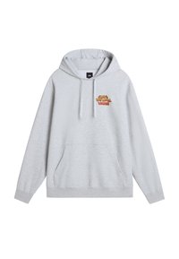 Sudadera gris de mezcla de algodón, con bolsillo frontal, capucha con cordón y logo bordado "Off the Wall Vans" en naranja y rojo.