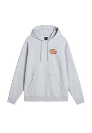 Sudadera gris de mezcla de algodón, con bolsillo frontal, capucha con cordón y logo bordado "Off the Wall Vans" en naranja y rojo.