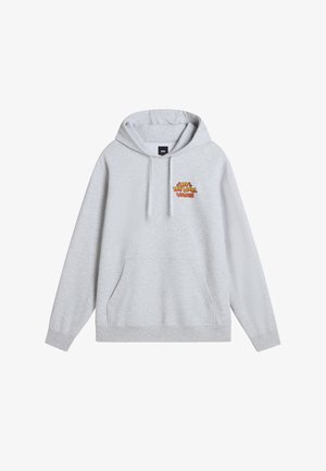 Sudadera gris de mezcla de algodón, con bolsillo frontal, capucha con cordón y logo bordado "Off the Wall Vans" en naranja y rojo.