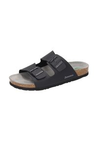 Sandales noires à deux brides avec boucles réglables, semelle en liège, semelle intérieure en suède gris et semelle extérieure en caoutchouc noir texturé.