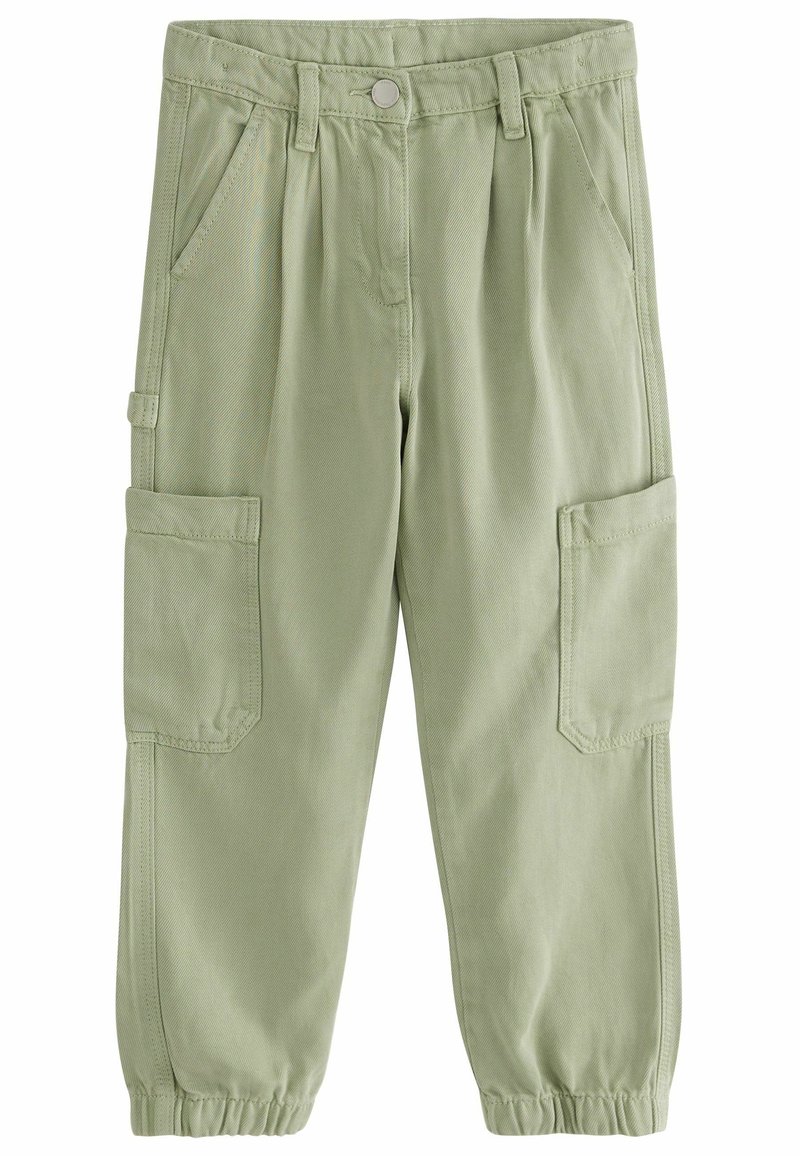 Pantaloni cargo verde chiaro con una texture liscia, dotati di tasche laterali, polsini elasticizzati e chiusura a bottone in vita.