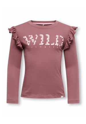 Long-sleeve, rose-colored cotton t-shirt featuring ruffled shoulder accents and floral "WILD FLOWERS" print in pink and white.
