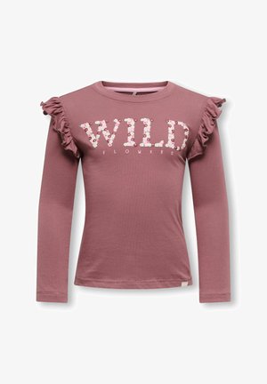 Long-sleeve, rose-colored cotton t-shirt featuring ruffled shoulder accents and floral "WILD FLOWERS" print in pink and white.