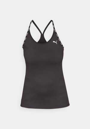Top desportivo preto sem mangas com um design justo, alças em contraste com a marca "PUMA" e um pequeno logótipo branco no peito.