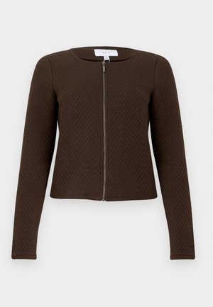 Tmavohnedá bunda s dlhými rukávmi z textúrovanej látky, so zapínaním na celý zips vpredu, s okrúhlym výstrihom a priliehavým strihom.