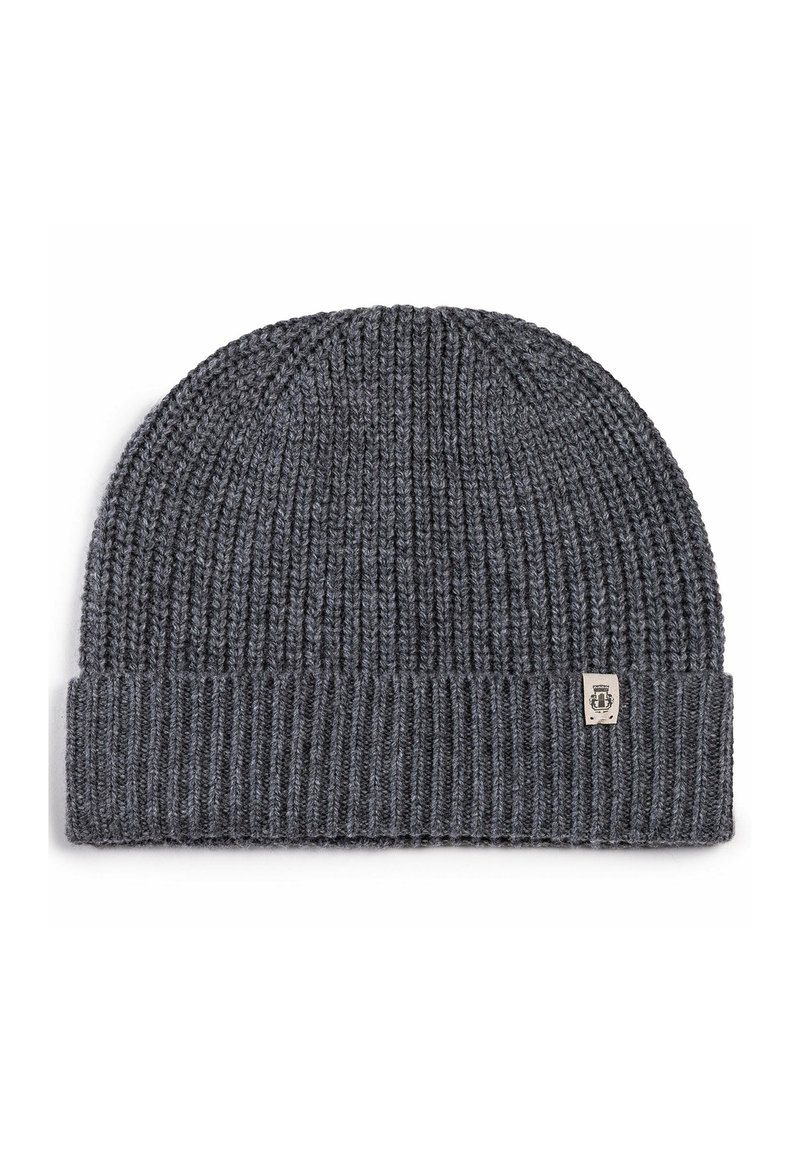 Gray knitted beanie with a ribbed texture, featuring a folded brim and a small logo tag on the front side.