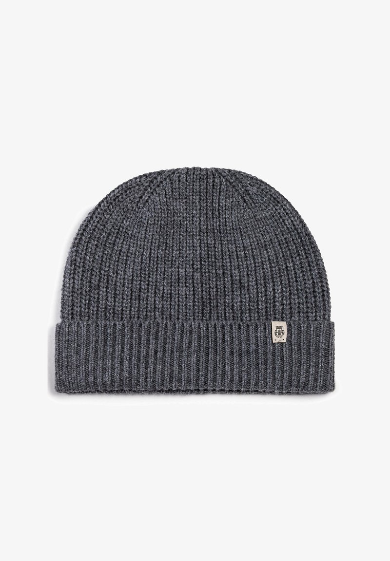 Gray knitted beanie with a ribbed texture, featuring a folded brim and a small logo tag on the front side.