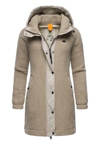 Beige fleece coat with a smooth outer layer and a soft inner lining. Features a hood, front zipper, buttons, and side pockets.