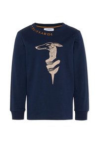 Donkerblauwe longsleeve t-shirt van katoen met een beige grafisch ontwerp van een gestileerde hond, verweven met een geometrische vorm. "TRUSSARDI" gedrukt langs de halslijn.